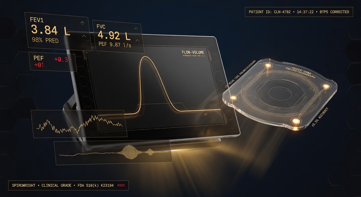SpiroWright clinical display showing live flow-volume loop, FEV1 3.84 L, FVC 4.92 L, PEF 9.87 l/s, with HEXAR Core pneumotachograph element